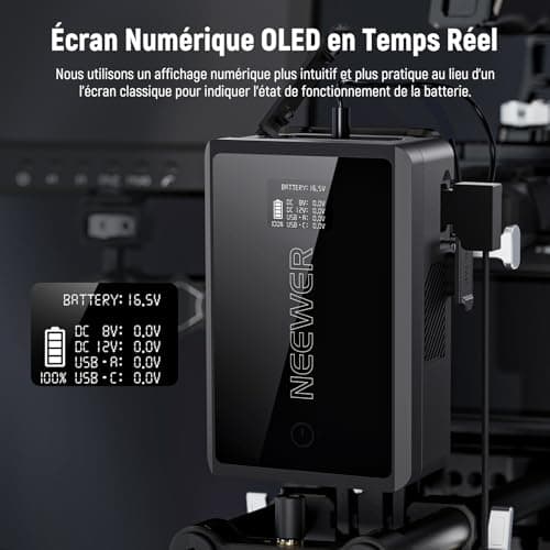 NEEWER 50Wh Mini Batterie V Mount avec Prise D Tap/USB C/USB A/BP/Double Ports CC/ Écran OLED, 3450mAh 14,54V, Batterie V Lock, Prend en Charge de la Charge Rapide 45W PD pour Appareil Photo