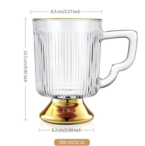 Joeyan Lot de 2 Tasse à Café à Bord Doré, 350ml Verres à Thé Cannelés Vintage avec Poignée, Tasses à Expresso, Verres Nervurés pour lattes,lait,Cappuccino,thé,boissons,Lavable au Lave-vaisselle