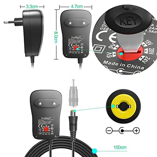 SoulBay 41W AC/DC Universal Adapter 24V / 20V / 18V / 15V / 12V / 9V / 6V Chargeur Transformateur d'alimentation avec 11 Pointes Contient des fiches USB-C, pour l'électronique Domestique, 2000mA Max