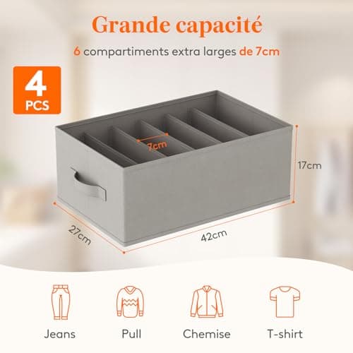 Lifewit Lot de 4 Boite Rangement Vetement Pliable avec 6 Compartiments, Organisateur Armoire, Boîte de Rangement Tiroir, Armoire Rangement pour Vetements, Pantalons, Pull, 42 X 27 X 17 cm, Gris