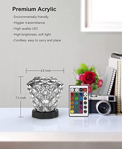 Les-Theresa Lampe de Table en Cristal Diamant, 16 Couleurs Lampe De Chevet Tactile En Cristal Avec Télécommande 4 Modes USB Dimmable LED Lampe de Chevet Pour Chambre Salon Fête (Lampe en Diamant)