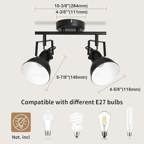 HiBay Lampe de Plafond LED Vintage avec Douille E27, Plafonnier 2 Spots en Métal Noir et Blanc, Applique Murale Intérieure pour Cuisine, Chambre à Coucher, Max. 60W (Sans Ampoule)
