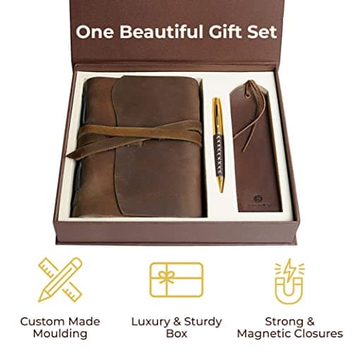 Coffret cadeau Journal en Cuir avec signet en Cuir Effet Vieilli + Stylo, Carnet de notes relié en cuir Carnet Journalier pour lui et pour elle Meilleur Coffret Cadeau De Luxe Carnet de voyage 18x13cm