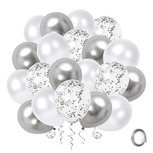 Ballon Blanc et Argent, 50 pièces 12 pouces Argent Confettis Ballons de Fête en Métal Chromé Argenté avec Ruban Argenté pour Décorations de Douche de bébé d'Anniversaire de Mariage