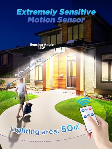 SIGRILL Lampe Solaire Exterieur Detecteur de Mouvement, 212 LED Lumière Solaire Extérieure avec Télécommande, Projecteur Solaire avec Éclairage à 340°, IP65 Étanche (1 Pièce - Lumière Froide)