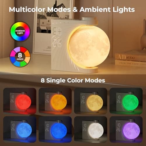 INSSISAIN Mondlampe mit Wecker, 10 beruhigende Töne mit bunter Lichtmodus, Wecklicht für Tisch, Schlafzimmer, Wohnzimmer, fonction snooze, lumière de réveil, 8 couleurs