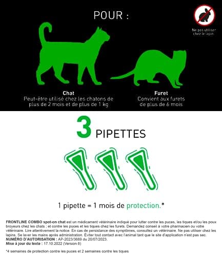 FRONTLINE Combo Chat - Anti Puces, Tiques & Poux - Contre Larves & Oeufs - Elimine & Tue - Protège L'Animal & L'Habitat - Jusqu'à 4 Semaines - Fabriqué En France - 3 Pipettes Application Spot On