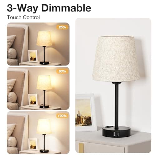 Kakanuo Lampe de Chevet Tactile avec Ports USB-A+C+Prise CA, Lampes de Table Lot de 2, Intensité Variable 3 Voies, Abat-jour en Lin, Lampes pour Chambre Salon D'enfant Bureau (Ampoules Incluse)