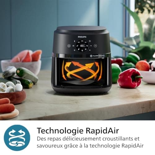 Philips Airfryer série 2000 4.2L -Puissance 1500W, Technologie RapidAir, Écran tactile digital, 13 options de cuisson, 9 fonctions préréglées, Jusqu'à 90% de matières grasses en moins, Noir (NA229/00)