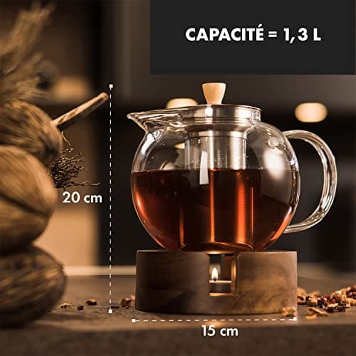 GLASWERK théière en verre avec chauffe-théière - (1,3L) Théière avec infuseur thé infuseur thé inox élégante poignée en bois, avec passoire en acier inoxydable, théière en verre avec infuseur