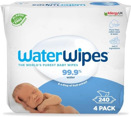 WaterWipes Lingettes Bébés Originales Exemptes De Plastique, 240 Unités (4 Paquets), Lingettes à Base d'Eau à 99,9 %, Non Parfumées pour les Peaux Sensibles