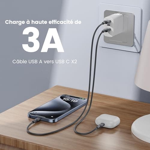 RAMPOW Cable USB C, [4Pack 1M] 2*Cable USB C vers USB C & 2*Cable USB vers USB C Charge rapide PD3.0, Cable iPhone 16, Cable iPhone 15 avec puce E-Mark pour iPhone 16/15, Macbook, iPad, Samsung