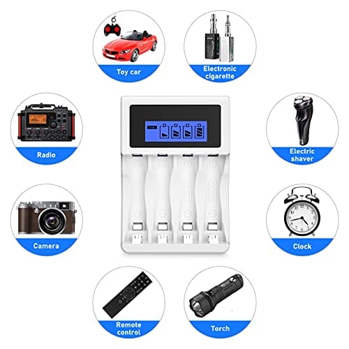 BONAI Chargeur Piles Rechargeable, 4 Slots LCD Charge Rapide de pour Ni-MH/Ni-CD AA AAA Rechargeable Pile avec Port USB