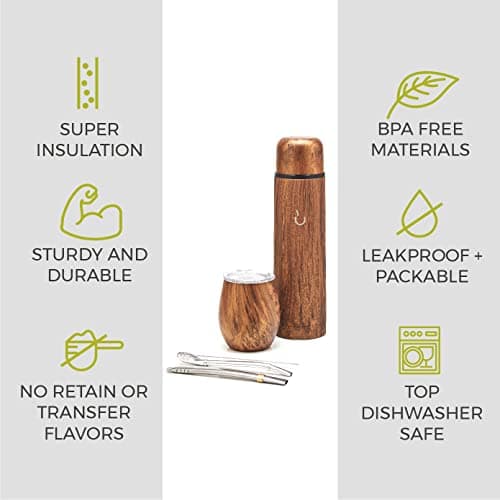 BALIBETOV Ensemble complet de Yerba Mate - Modern Mate Gourd, Thermos, Bombilla et Brosse de Nettoyage Inclus - Tous en Acier Inoxydable 304 18/8 de Qualité Supérieure (Bois)