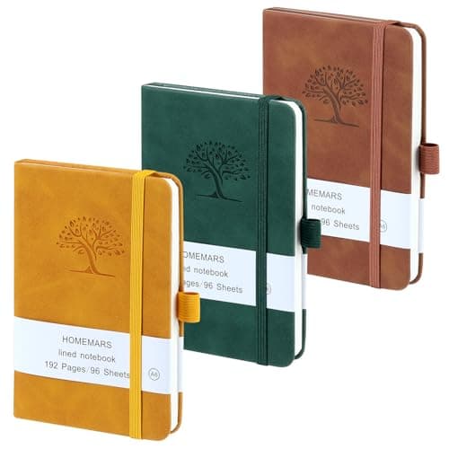 HOMEMARS Carnet de Notes, Petit Carnet, Petit Cahier, 3 Paquet, Cahier de Note, Carnet de Voyage, 14.4 cm x 9.6cm, Marron, Vert, Jaune, 192 Pages Chacune, Motif d'arbre en Relief, Cuir végétalien