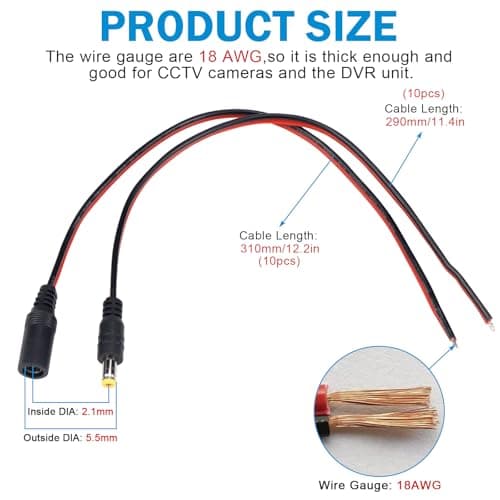 20 Pcs DC Alimentation Pigtail Cables Câbles d'alimentation DC 18 AWG DC 12V 5A Mâle Femelle DC Connecteur de Câble DC 5,5 x 2,1 mm pour Vidéo Surveiller CCTV Caméra Câble LED Strip