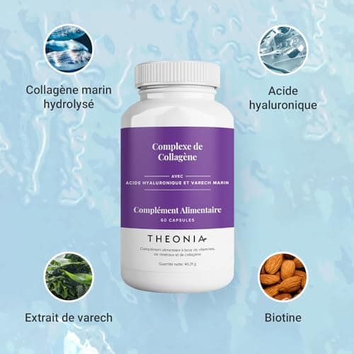 Complexe de collagène Theonia 60 capsules, acide hyaluronique et varech marin, vitamine E, C, biotine, ongles sains, peau, métabolisme des articulations des cheveux, supplément marin de type 1