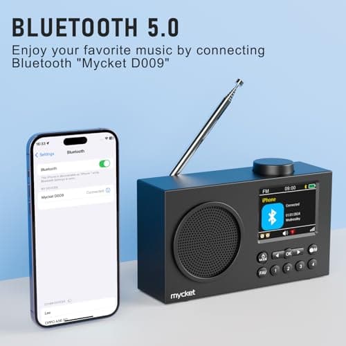 Mycket Radio Dab Portable, Radio Numérique Dab Plus avec Bluetooth, Radio FM Rechargeable, Radio de Cuisine, Double Réveil,Minuterie de Mise en Veille, 40 Stations Préréglées,Grand écran Couleur 2,4"