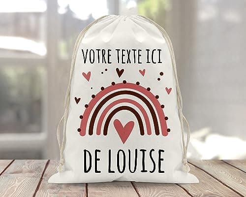 Sac à doudou/pochon/pochette avec lien prénom personnalisé en coton pour enfant 3 tailles disponibles et sac à dos en toile bio motif Arc en ciel rose vieux