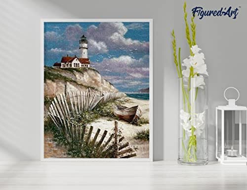 Figured’Art Diamond Painting Broderie Diamant 40x50cm Avec Cadre Toile Tendue Strass Perles Carrés - Bord de Mer - Kit Complet Paysage 5D DIY Activité Manuelle Loisirs Créatifs Adultes