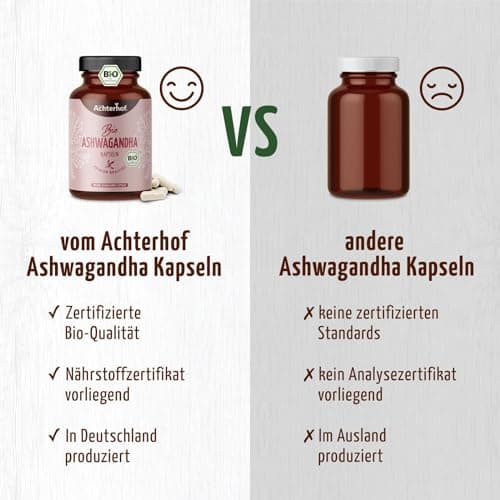 Gélules d'ashwagandha bio 150 pièces | poudre d'ashwagandha finement moulue sous forme de gélules | qualité biologique certifiée | rôle important dans l'ayurvéda indien | vom Achterhof