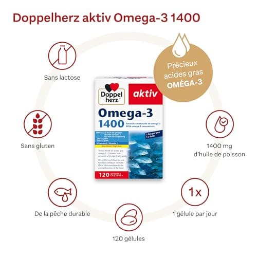 Doppelherz – Omega-3 1400 – Teneur élevée en acides gras Oméga 3 EPA et DHA & vitamine E – Pour la bonne fonction cardiaque – Huile de poisson de mer – 120 gélules