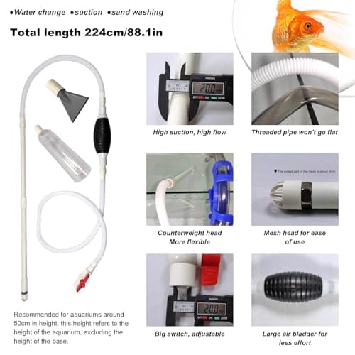 XINYUDAILY Aspirateur Aquarium, kit Nettoyage Aquarium avec 3 Embouts, 224 cm, Accessoires Aquarium pour Changement d'eau d'aquarium, Nettoyage de Gravier et de Sable