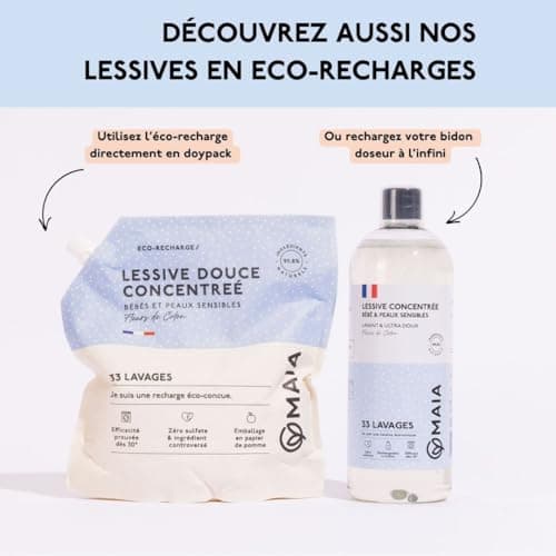 MAIA - Lessive Bio Bébé & Peaux Sensibles Fleurs de Coton 1L - 33 lavages - Lavage Bébé - Ingrédients Naturels - Parfum Sans Allergène - Efficacité Prouvée - Formule Éco-Responsable