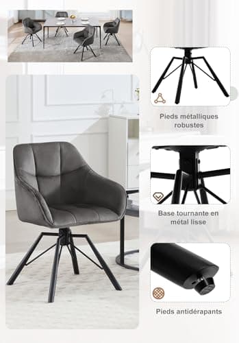 WOLTU Chaise Pivotante à 360°, Lot de 4, Chaise Salle à Manger, Chaise Scandinave, Chaise de Cuisine, Fauteuil Salle à Manger, en Velours, Assise Rembourrée, Pieds en Métal, Gris Foncé, BH365dgr-4
