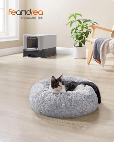 Feandrea Panier pour Chien, Lit Ronde en Forme de Beignet, Canapé, Coussin Central Amovible et Lavable, Tissu Peluche Doux, Ø40 cm, Gris Ombré PGW036G01