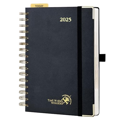 POPRUN Agenda 2025 Journalier 21,5 x 14,5 cm - Couverture Rigide Spirale, 1 Page par Jour A5 Agenda, D'Jan 2025 à Déc 2025-12 Mois, Avec règle signet, Papier Certifié FSC® 80 g/m2, Noir