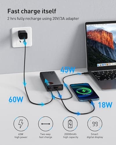 Baseus Batterie Externe 65W, Power Bank 20000mAh, Batterie pour Ordinateur Portable PD QC 4+, Entrée et Sortie USB-C, pour MacBook, Dell, HP, Notebook, iPhone, Galaxy, Steam Deck
