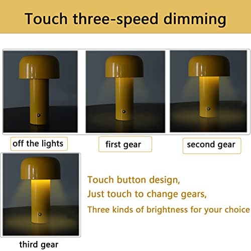 Lampe de table champignon, lampe de table sans fil, lampes de chevet à intensité variable, lampes de table tactiles LED, lampe de table rechargeable pour salon, chambre, bar, salle à manger, jaune