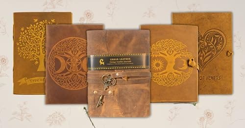 Urban Leather Journal intime avec motif arbre de vie, feuilles de cœur, pages rustiques, anciennes et anciennes, couverture en cuir, journal intime imprimé, papier vierge vierge