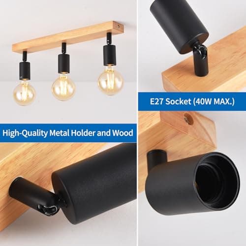 ANWIO Plafonnier Spots, 3 Spots de Plafond Led Intérieurs Base E27, Spots de Plafond Noirs avec Base Rectangulaire, Spots de Plafond LED Rotatifs (Sans Ampoules).