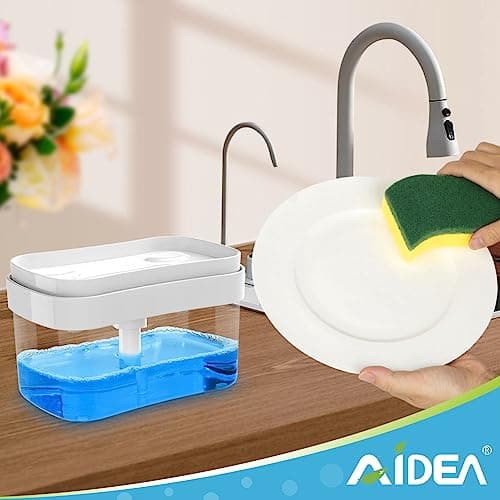 AIDEA Éponge à récurer Robuste - 24 unités, Distributeur de Savon à Vaisselle pour Cuisine, 2 en 1 avec Distributeur de Savon et Porte-éponge pour Salle de Bain, comptoir, évier - 25 oz