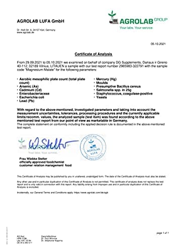 Malate de magnésium 2000mg par portion 180 Gélules Végétales, Testé par un Laboratoire tiers, sans gluten ni OGM