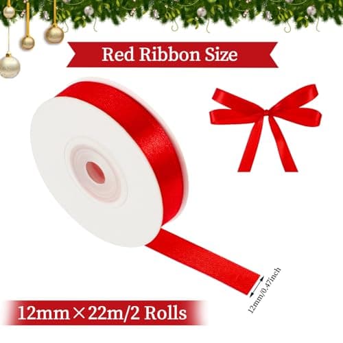 2 Rouleaux Ruban Rouge Noel, 1.2cm X 22m Ruban Satin Rouge Ruban Cadeau Noel, Noeud Rouge Noel pour Emballage Cadeau Noël Fête Mariage Valentin Gâteau Bouquet Faire