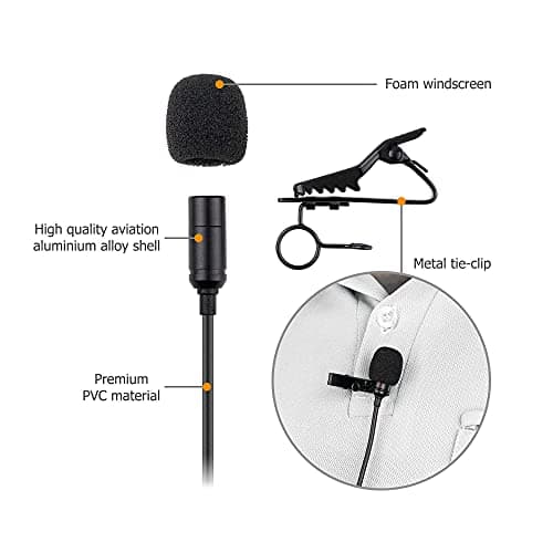 KIWIFOTOS - Microphone Lavalier Omnidirectionnel, 3.5mm TRS TRRS Microphone Lavalier Lapel pour Caméscopes pour Caméscopes PC Smartphones Caméscopes Zoom Handy Recorders (2m / 6.6 ')