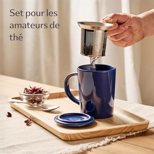 Cosumy Tasse à Thé avec Infuseur et Couvercle 400ml Grand - Céramique - Reste Chaud Longtemps (Bleu Profond)