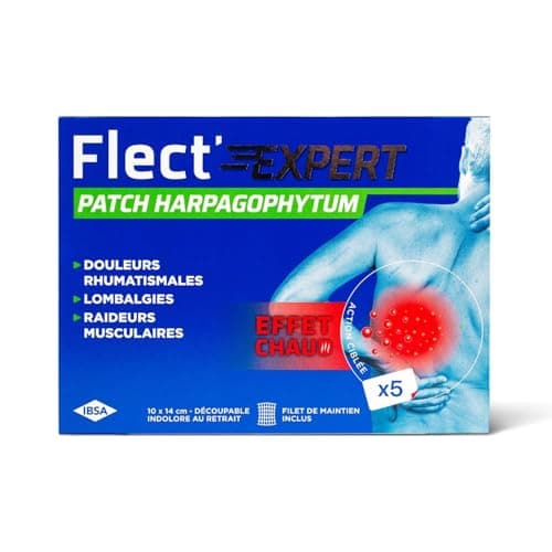 Flect'Expert - Patch Harpagophytum - Effet Chaud Immédiat - Apaise, Assouplit, Dénoue - Technologie Hydrogel, Extrait d'Harpagophytum, d'Arnica et de Gaulthérie - 5 Patchs 10x14cm + Filet de Maintien