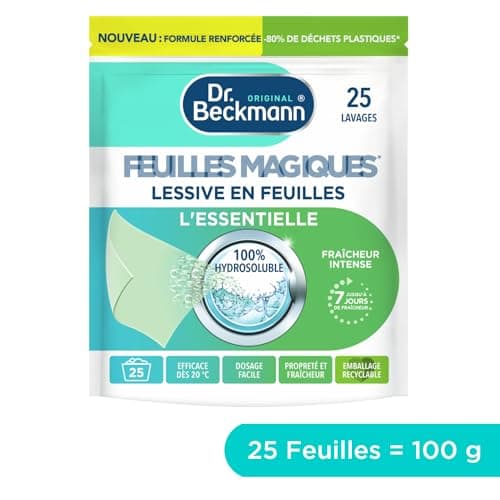 Dr. Beckmann FEUILLES MAGIQUES Lessive en feuilles L'ESSENTIELLE | Format pré-dosé, pratique et léger | 100% hydrosoluble, facile à utiliser et ranger | 25 feuilles, Bergamote