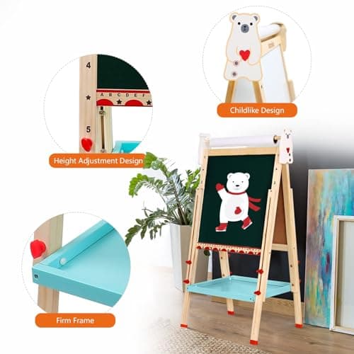 Chevalet Peinture Enfant,Tableau Double Face Tableau Blanc et Noir en Bois et Hauteur Réglable,Chevalet Pour Enfant avec Chiffres et Autres Accessoires Jouets Éducatifs Cadeaux Enfants 2 à 8 Ans