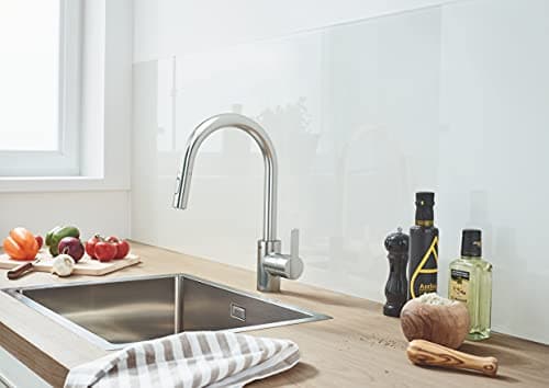 GROHE Robinet de cuisine évier Feel, Robinet Cuisine Douchette Extractible, Inverseur 2 jets, Zone rotation 360°, Installation et nettoyage facile, Supersteel, 31486DC1 (Import Allemagne)
