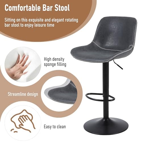 Ermnois Lot de 2 tabourets de Bar pivotants avec Dossier Chaises de Bar Modernes réglables sans accoudoirs en Cuir synthétique Noir