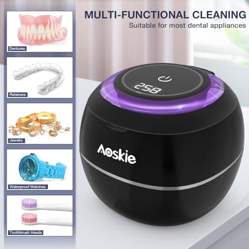 Aoskie Nettoyeur Ultrasons 42kHz/30W pour Prothèses Dentaires, Aligneurs, Protège-dents, Bijoux, Tête de Brosse à Dents, 180ML Ultrasonic Cleaner pour Appareils Dentaires à Domicile ou en Voyage