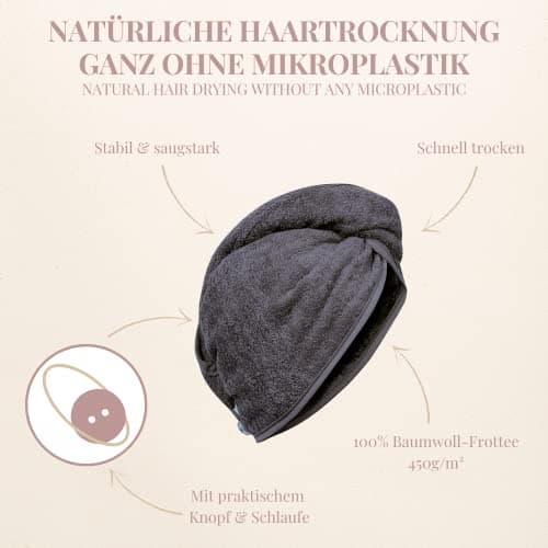 Carenesse Cheveux Turban tête Gris Anthracite avec Bouton 100% Coton, 24 x 70 cm, Serviette pour Cheveux, Chiffon Sec, Serviette de tête, Serviette pour Les Cheveux, Serviette à Cheveux