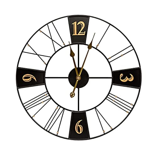 Yumyolk Horloge Murale Ronde, 60 cm, Silencieuse, Fonctionnement à Piles, Lunette Noire, Aiguilles Or, Chiffres Arabes Or