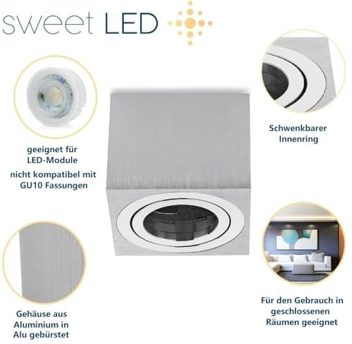 Sweet Led Set de 4 spots de plafond LED plats 50 mm Spot en aluminium brossé carré Spots LED à poser orientables 80 x 80 mm Plafonnier 230Volt