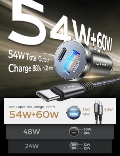 LISEN Chargeur Voiture USB C 54 W PD&QC3.0 Prise Allume Cigare USB Allume Cigare Charge Rapide Mini Adaptateur USB en métal pour Samsung S24 Pixel Android iPad iPhone 16 15 Pro Max 14 AirPods LG